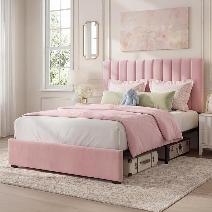 Welzona Upholstered Bed Frame Queen Size with Headboard, Velvet Vertical Channel Tufted Metal Platform Bed with 3-Level Height, Under-Bed Storage and Metal Support, Noise Free, Easy Assembly, Pink