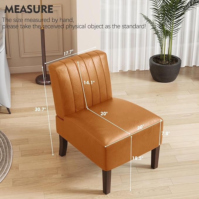 VIRRMO Armless Accent Chairs Set of 2 Upholstered Dining Chairs Living Room Chairs with Solid Wood Legs Bedroom Chair Leather Reading Chair Comfy Chair for Bedroom Vanity Kitchen (Brown)