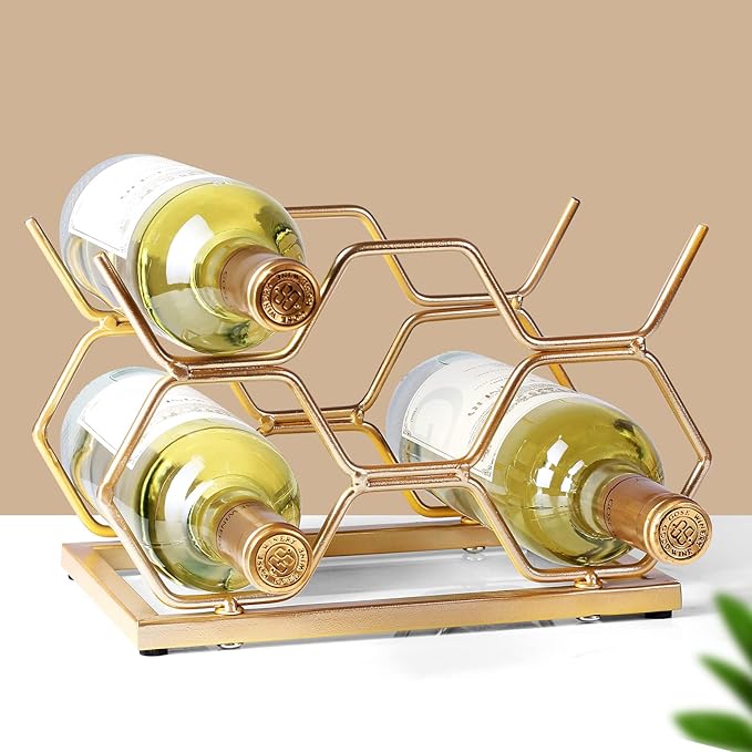 Countertop Wine Rack - 5 Bottle Freestanding Modern Gold Metal Small Wine Rack - Tabletop Wine Holder Stand for Cabinet, Pantry, Wine Bottle Storage…