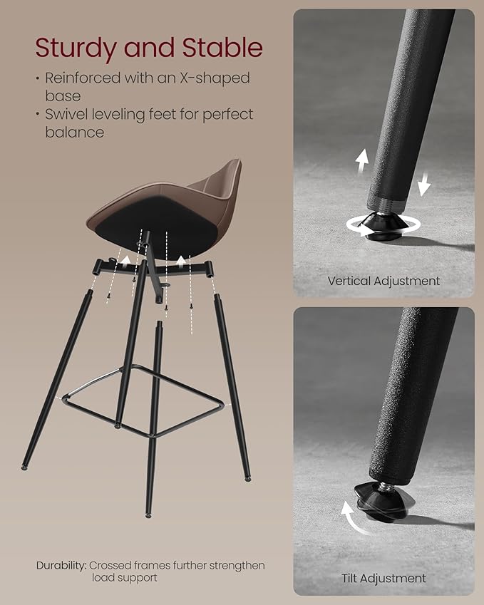 VASAGLE Bar Stools Set of 4, Bar Height Bar Stools with Back, Ergonomic Backrest, Synthetic Leather, Metal Legs, 28.5-Inch Tall Barstools for Kitchen Island Home Bar, Easy Assembly, Coffee Brown