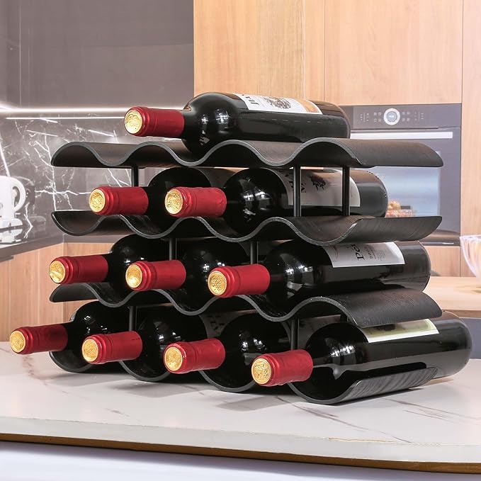 Countertop Wine Rack - 14 Bottle Freestanding Wine Bottle Holder Stand - 4 Tier Wooden Wine Storage Rack - Black Wavy Wine Organizer for Cabinet Pantry Home Kitchen Bar