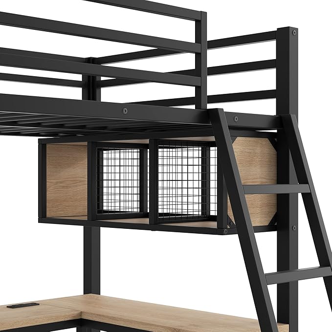 Twin Size Loft Bed with L-Shaped Desk and Storage Shelves, Heavy Duty Metal Loft Bed with LED Lights and and Charging Station for Kids Teens Adults, Saving Space, No Box Spring Needed, Black