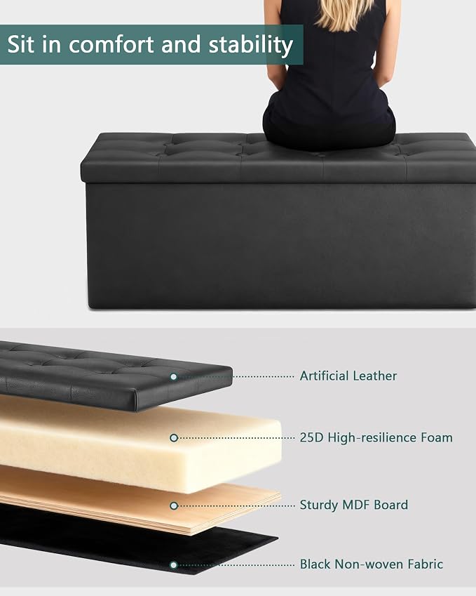 LITZFUR 43 Inches Folding Storage Ottoman Bench, PU Leather Storage Chest, Footrest Padded Seat for Bedroom and Hallway, Holds up to 660 lbs, Black
