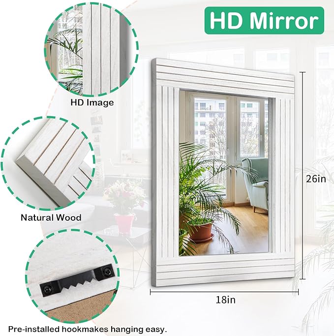 Rustic Wall Mirror, Rectangular Vintage Wood Framed Large Mirror for Living Room, Bathroom, Bedroom & Entrance - White, 26" x 18"