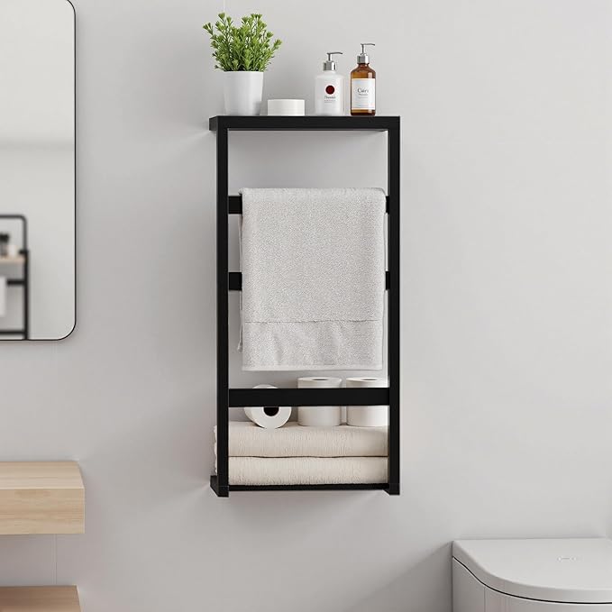 Bamboo Wall Blanket Ladder, 4-Tier Towel Racks, Bamboo Bath Towel Racks for Bathroom Wall Mounted, Decorative Blanket, Quilt, Towel, Scarf Ladder Shelves for Bathroom, Living Room, Bedroom, Black
