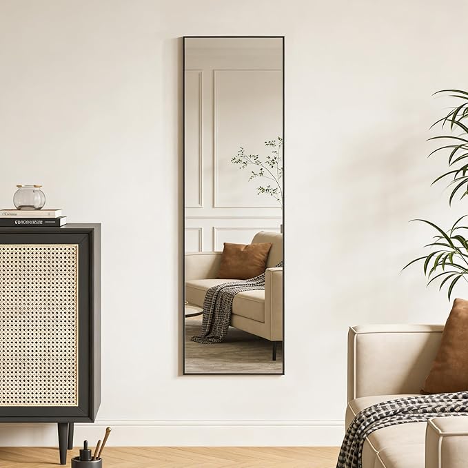 Ruomeng 48x14 Inch Full Length Door Hanging Mirror, Rectangle Full Body Mirror Over The Door, Wall Mounted Metal Aluminum Framed, Tempered Glass Mirror for Bathroom Entryway Bedroom Living Room