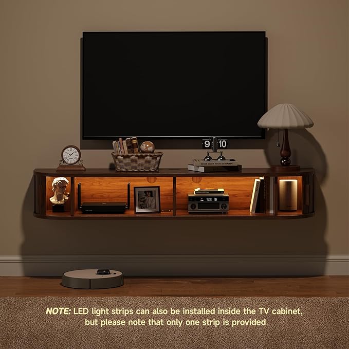 55" Floating TV Stand with Power Outlet for TVs up to 65", Fluted Entertainment Center with Remote Control for LED Lights, Mid-Century Modern TV Console w/Sliding Door for Living Room, Bedroom Walnut