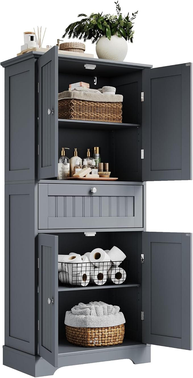 ChooChoo 51" H Tall Bathroom Floor Cabinet, Modern Bathroom Storage Cabinet with Drawer and Adjustable Shelves, Freestanding Kitchen Pantry Cupboard with 4 Doors for Living Room, Grey