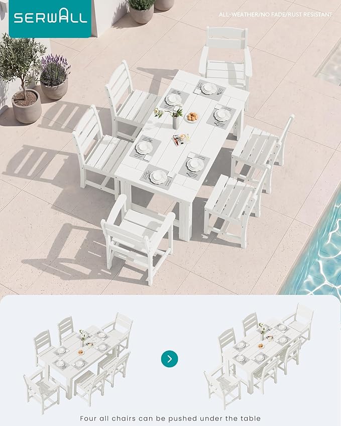 SERWALL Outdoor Dining Table Set, 67‘’ HDPE Patio Dining Set for 4, All-Weather Outdoor Table and Armless Chairs Set for Deck, White