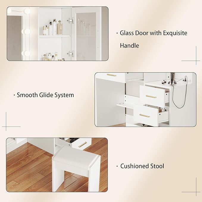 TOKSOM White Vanity Desk with Mirror, Lights & Charging Station, 58" 3 Lighting Modes Makeup Desk with 8 Drawers, 2 Cabinets and Lots Storage, Dressing Table Vanity Set with Lighted Mirror