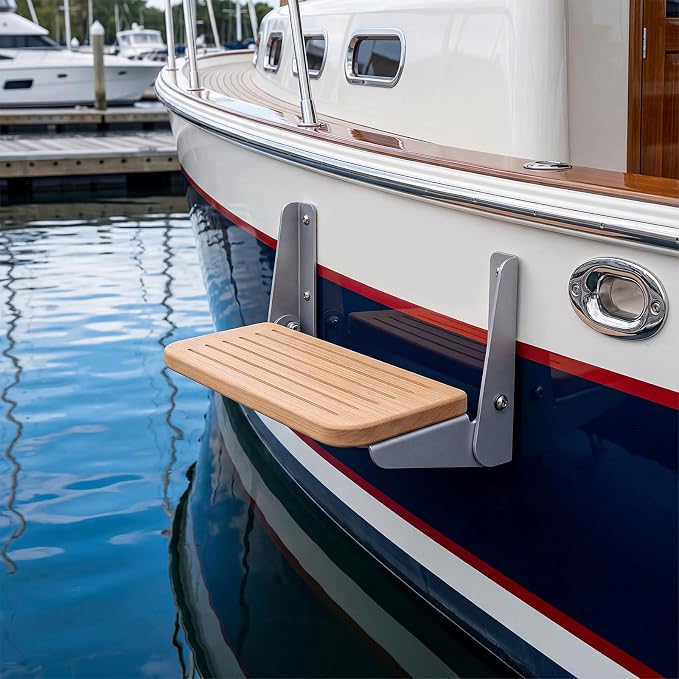 SiliFine 12 x 6.1 x 7.87 Inches Boat Fold up Footrest Foldable Teak Footrest for Boats Helm Wall Mounted Foldable Step Teak and Aluminum Hardware for Boat, Yacht, RV, Home, and More