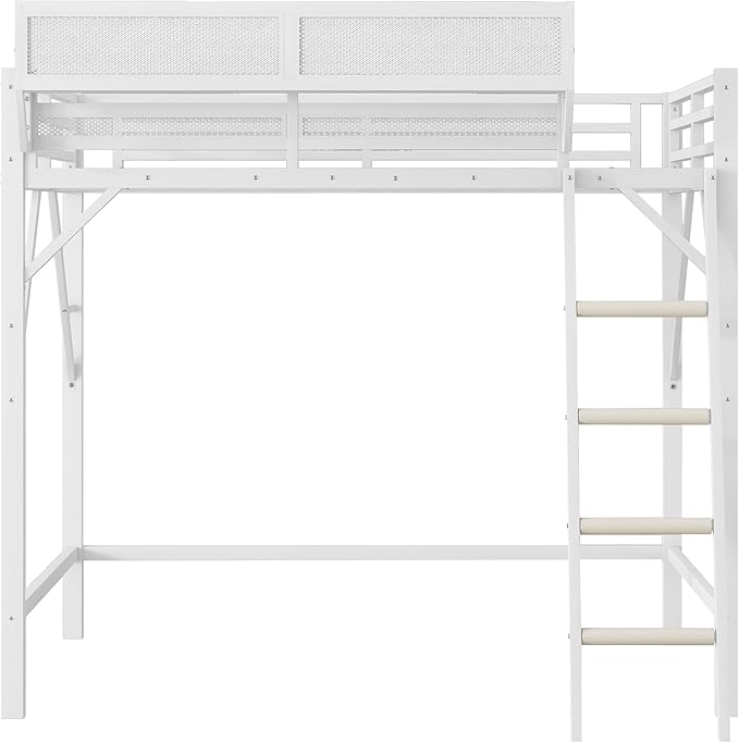KEIKI Full Size Metal Loft Bed Frame with Ladder and Built-in Storage Shelves, for Teens, Modern Style Loft Bed with Solid Slats, Guardrail, No Box Spring Required, Easy Assembly, for Bedroom, White