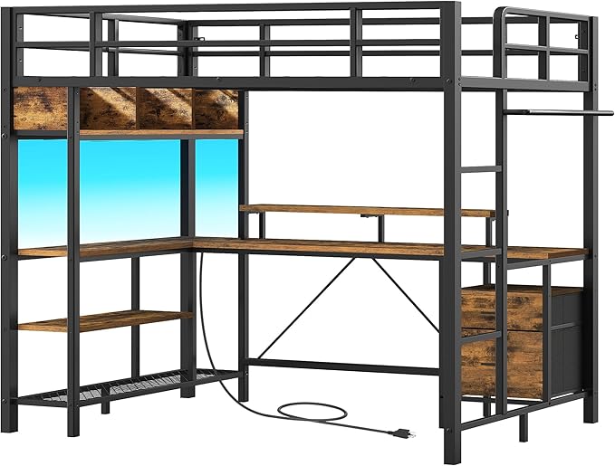 RALGEND Twin Loft Bed with L-Shaped Gaming Desk and Charging Station, Metal Loft Bed Frame with RGB Lights, Storage Drawers and Hanging Rod, Loft Bed for Teen/Adult, Rustic Brown