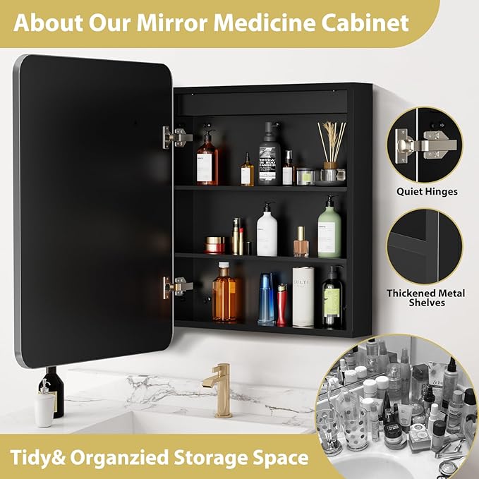 ROOMTEC 16 x 24 Inch Medicine Cabinet Mirror with LED Lights, Silver Bathroom Medicine Cabinet with Mirror and Storage, Recessed or Wall Mount, 3 Color Temperature, Dimmable Light