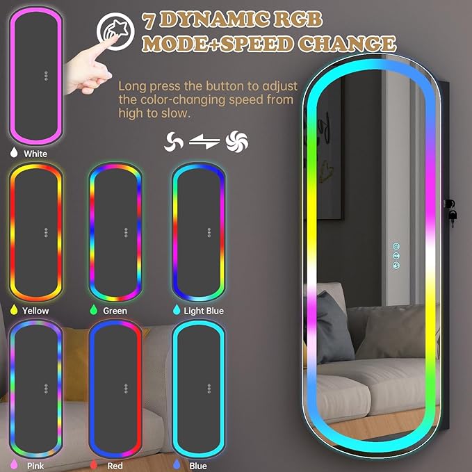 RGB Lighted Mirror Jewelry Armoire Organizer,LED Jewelry Cabinet Wall/Door Mounted, Over the Door Full-Length Lockable Rounded Wide Mirror with Storage Interior Mirror Black Gift for Her Chrismas