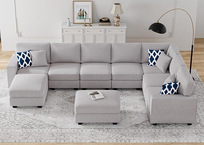 Legend Vansen Oversized Modular Sectional Sofa,U/L‑Shaped Reversible Couch with Ottoman,Deep Seat Plush Polyester Sofa for Living Room,9‑Seate,Light Grey