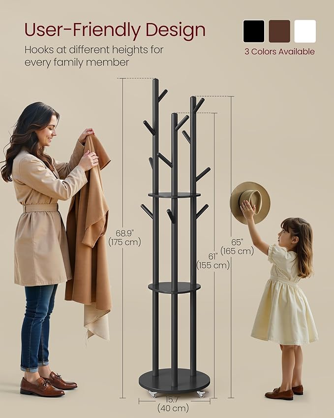 VASAGLE Freestanding Coat Rack Stand, Coat Tree with 11 Hooks, 3 Shelves, 4 Removable 360° Swivel Wheels, Wooden Hooks and Poles, for Entryway, Bedroom, Living Room, Ink Black URCR023B01