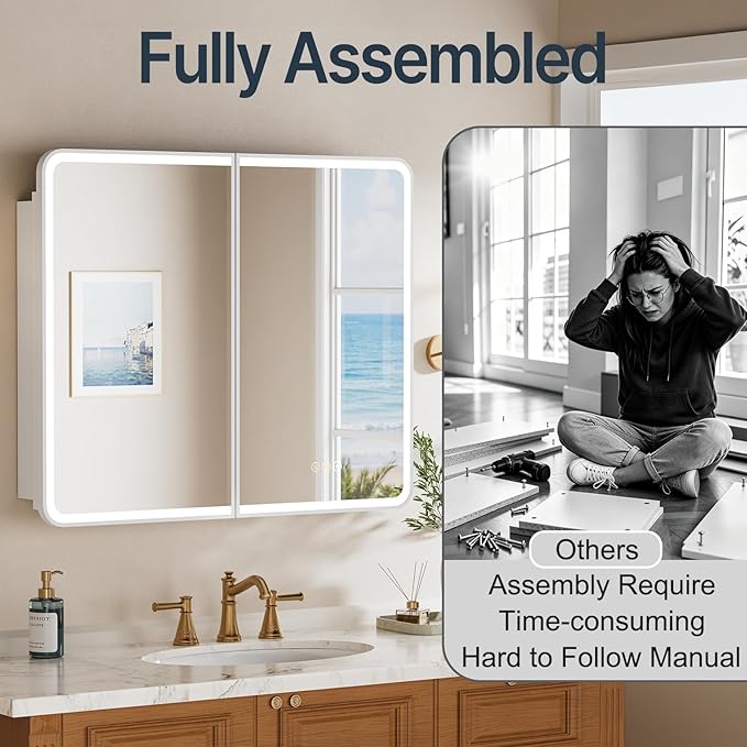 36x30 Inch Medicine Cabinet with Mirror, Recessed or Surface Mount Bathroom Medicine Cabinet with LED Lights, Anti-Fog, Memory Function, Adjustable Shelf, Dimmable Light, ETL Listed, White