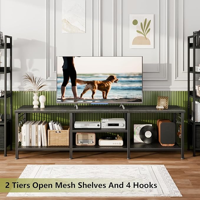 Furologee TV Stand for TVs up to 70 Inch, 63 Inch Entertainment Center with Open Storage Shelves, Television Stands with Soundbar Shelf for Living Room, Bedroom, Black Oak