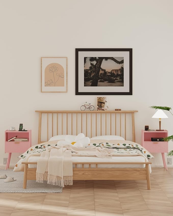 Veegle Nightstand,Modern Bedside Table with Storage Drawer and Open Wood Shelf, Accent Night Stand with Solid Wood Legs for Living Room, Bedroom and Small Spaces,Easy Assembly (Pink-Outlet)
