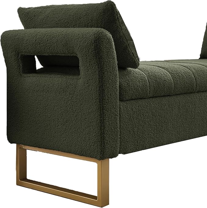 66'' King Size Bedroom Bench with Storage End of Bed, Boucle Bedroom Benches for Foot of Bed with Gold Legs, Teddy Storage Bench with Armrest, Olive Green