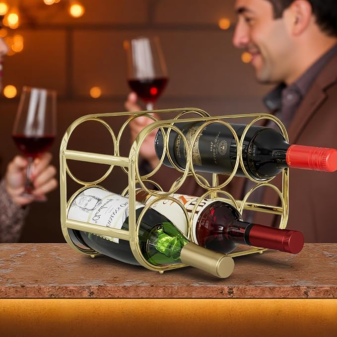 Buruis 6-Bottle Wine Rack, Modern Metal Countertop Wine Holder Stand for Kitchen, Pantry & Cabinet Storage, No Assembly Required, Gold