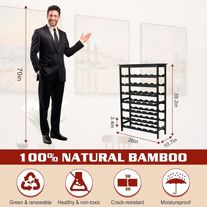 Bamboo Wine Rack Freestanding Floor, 7-Tier 42-Bottle Wine Storage Shelf with Table Top - Black