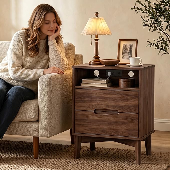 26" Tall Wood Nightstand with Charging Station & USB-C, Mid Century Modern Bedside Table with Solid Wood Legs, Walnut Finish with 2 Drawers