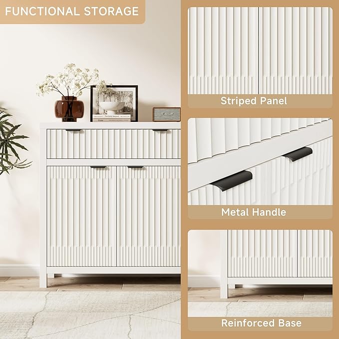 FLOWBACK Buffet Cabinet with Storage,Modern Credenza with Fluted Doors & Shelves Coffee Bar Media Console Accent Cabinets for Living Room, Entryway (White, 2 Door + 1 Drawer(2 Piece))