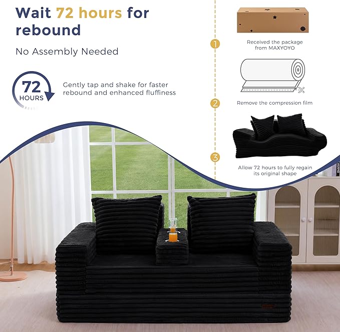 MAXYOYO Loveseat Sofa Bed, Striped Faux Fur Foldable Floor Sofa Couch in A Box, 4 in 1 Convertible Boneless Couch with 2 Cup Holders, Folding Recliner Sleeper Chair, No Assembly Required, Jet-Black