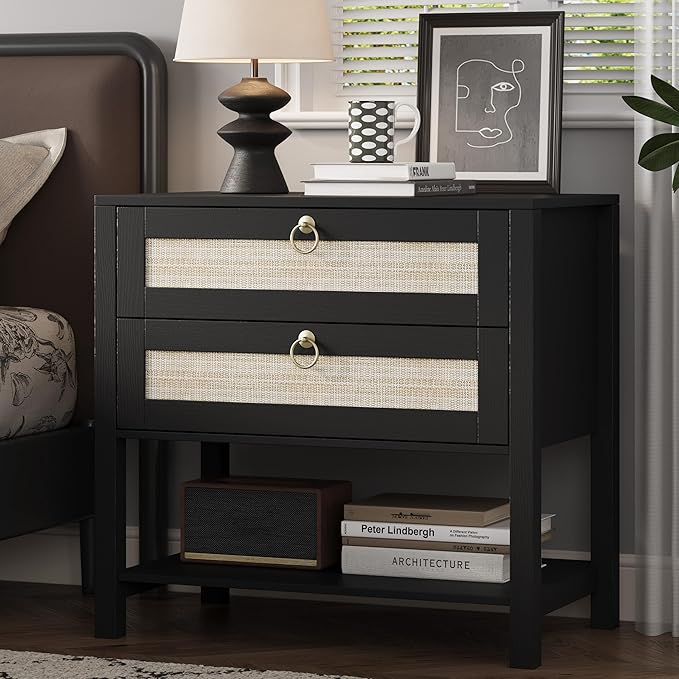 Xixini Nightstand Set of 2, Rattan Boho Bedside Table with 2 Drawers, Open Shelf & Brass Knobs, Small Mid Century Modern Night Stand, Wooden End Side Table for Bedroom, Living Room, Closet, Black