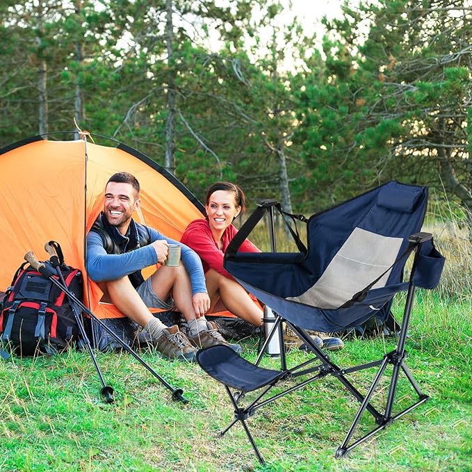 COSTWAY Folding Camping Chair, Portable Beach Chair with Retractable Footrest, Adjustable Back, Cup Holder & Carry Bag, Outdoor Lawn Patio Chair for Camping, Fishing, Hiking (Navy, 2 Pack)