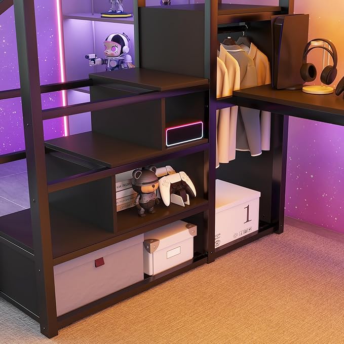 KEIKI Queen Size Metal Loft Bed Frame with Desk, Staircase, Built-in Storage Shelves and Wardrobe, Modern Loft Bed with Solid Slat, Guardrail, No Box Spring Required, Easy Assembly, for Bedroom, Black