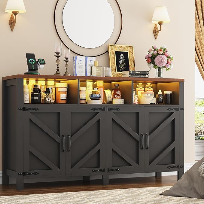 knoworld Buffet Sideboard with Storage with Power Outlets & LED Light 4 Doors, 55'' Large Farmhouse Kitchen Storage Cabinet Wood Coffee Bar Cabinet Buffet Table for Kitchen, Dining Room, Entryway