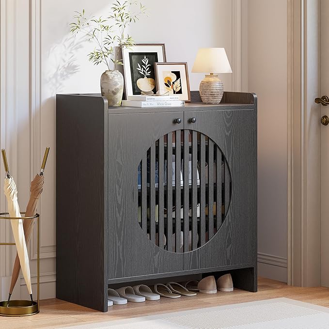LIKIMIO Shoe Cabinet with Adjustable Shelves, 4-Tier Shoe Storage Cabinet with Slatted Doors, Freestanding Wooden Shoe Cabinet Storage for Entryway, Hallway, Living Room, Black