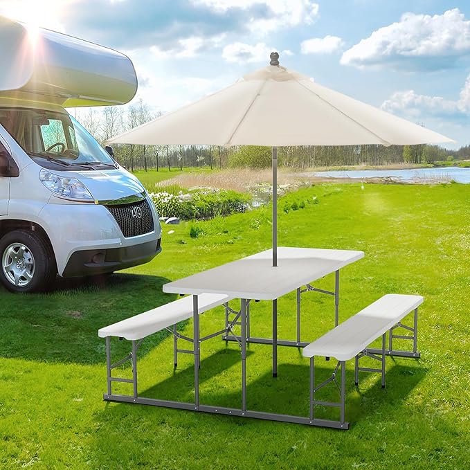 VINGLI Folding Picnic Table and Bench Set with Umbrella, Portable Outdoor Dining Furniture for Camping, Patio, Backyard, Wood Grain Plastic Top with Metal Frame