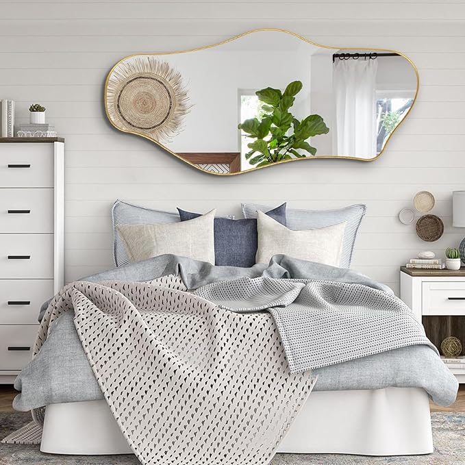 Large Irregular Mirror, 55"x25.6" Asymmetrical Aesthetic Mirror with Gold Metal Frame, Modern Organic Mirrors for Living Room Bedroom Hallway Entryway, Horizontal or Vertical Hanging