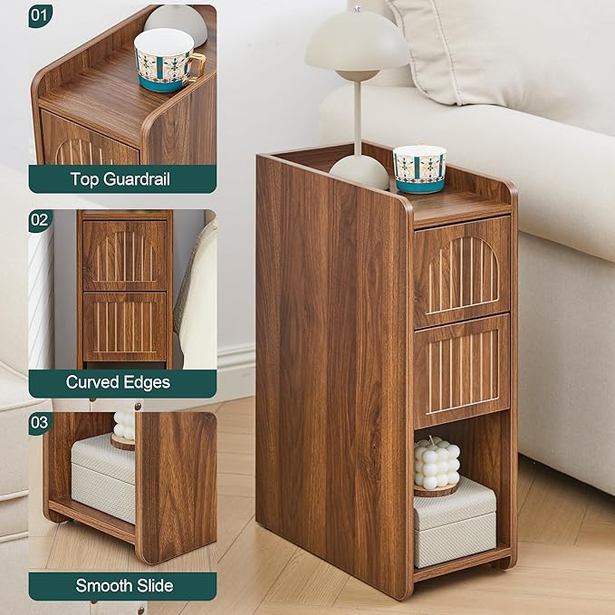 Narrow Nightstand Set of 2, Wooden Small 2 Drawer Nightstand, Slim Side End Table, Skinny Bedside Table, Mid Century Modern Night Stand with Drawers, for Living Room (Deep Walnut-2 pcs)