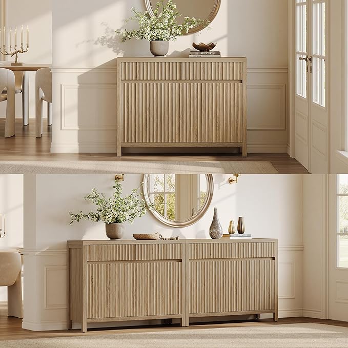 SICOTAS 42" Fluted Buffet Cabinet with Storage - Mid Century Modern Sideboard with 2 Drawers & 3 Doors, Large Coffee Bar Console Table with Adjustable Shelves for Living Room, Kitchen, Hallway