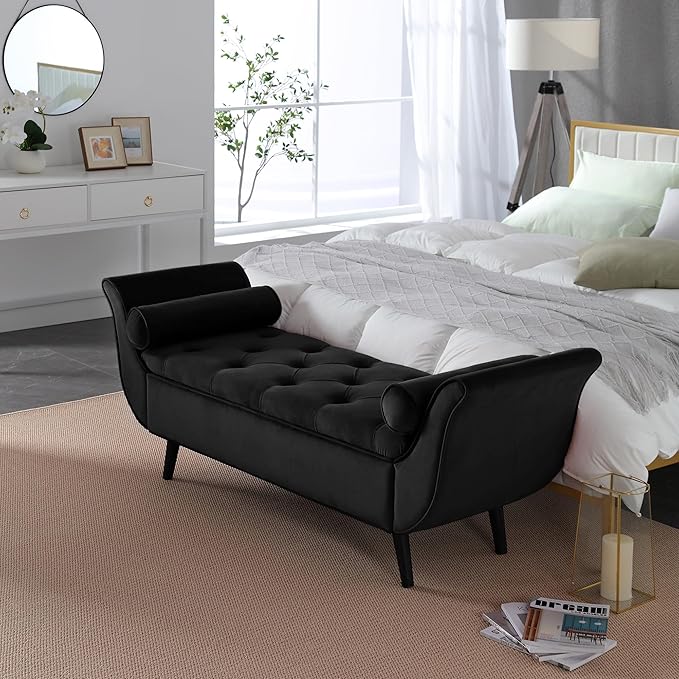 Storage Bench for Bedroom End of Bed, 65" Velvet Upholstered Rolled Armed Button Tufted Stool Bench, Storage Ottoman Long Bench with with 2 Pillows for Entryway (Black)