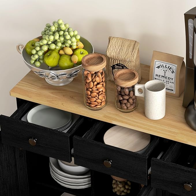 HOMCOM Sideboard Buffet Cabinet with Solid Wood Countertop, Modern Kitchen Storage Cabinet, Coffee Bar Cabinet with 3 Drawers, Doors and Adjustable Shelf, Distressed Black