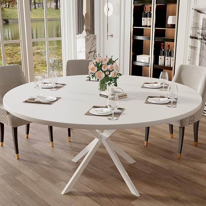 47.24" Round Dining Table for 4-6 Person, Round Kitchen Table with Wood Top, Circle Dinner Pedestal Tables with Metal Legs for Dining Room Kitchen (White)