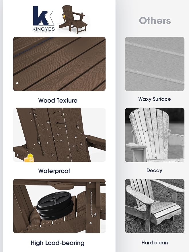 KINGYES Folding Adjustable Adirondack Chair with Ottoman Set of 4, HDPE Adirondack Recliner Chair with Footrest, Coffee