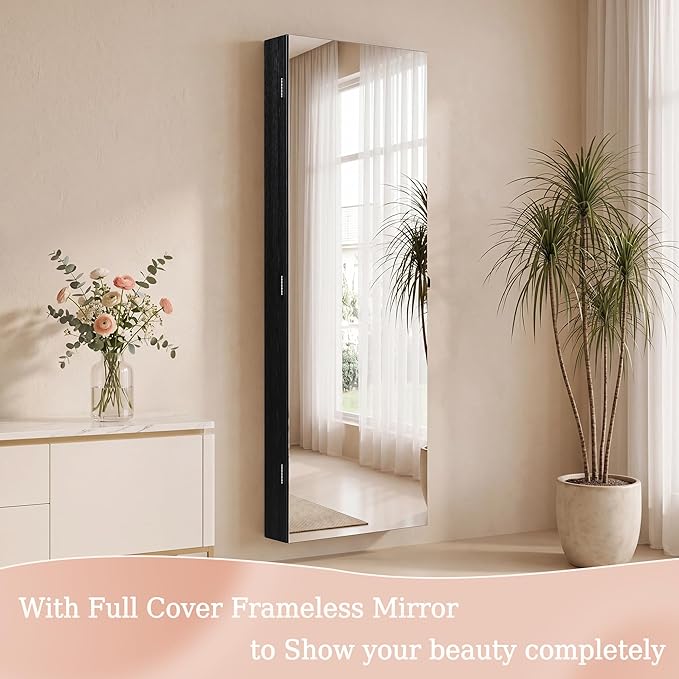 Unisakey Mirror Jewelry Cabinet,Lockable Wall or Door Mounted Jewelry Armoire Organizer With Built-up Mirror,LED Lights, Drawers,Cosmetic Trays,Shelves, 14.4"x3.15"x 43.1"(Black)