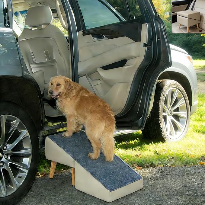 Foldable Dog Ramp Split Ottoman Outdoor seat footrest Stool Couch Sofa Furniture Car RV Side Door, Small Medium Senior Injured cat pet (Light Gray, Ramp 13.5" H x 32" L x 16" W (Ottoman: 16in Cube))