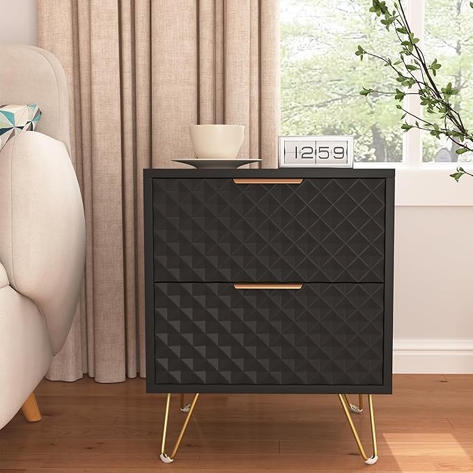 Black Night Stand Set of 2, Modern Double Bedside Table with 2 Drawers Storage for Bedroom, Wood End Side Table with Gold Legs for Living Room