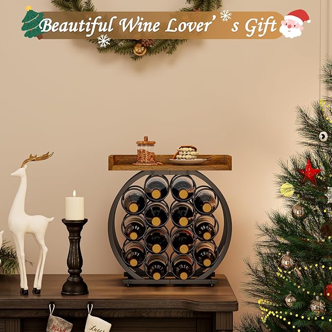 X-cosrack 14 Bottles Countertop Wine Rack with Wooden Tabletop, Round Metal Freestanding Wine Storage Holder, Wine Racks Countertop Wine Bottle Organizer Display Stand for Pantry Home Kitchen Bar