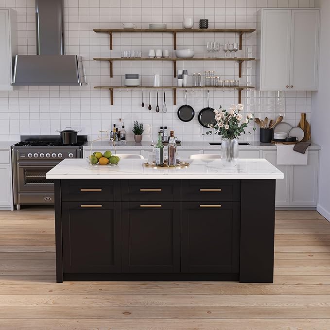homary 72" Modern Kitchen Island with Storage, White Marble-Effect Engineered Wood Top, Modern Kitchen Table for Dining Room, Black & White