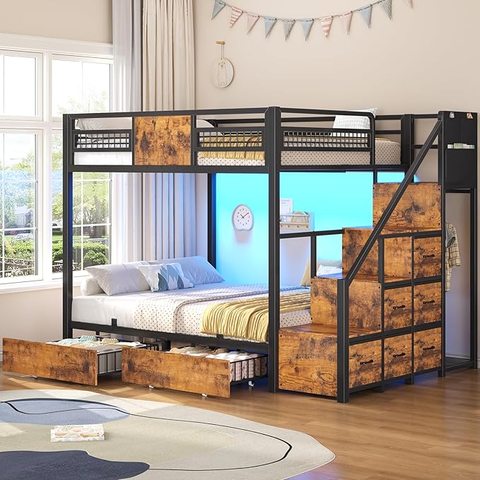 BTHFST Bunk Bed Full Over Full with Stairs, LED Lights Full Bunk Beds with 2 Storage Drawers & 6 Fabric Drawers, Metal Full Loft Beds with Safety Guardrail & Stairs, Space Saving, Rustic Brown