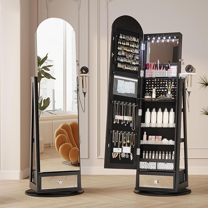 LVSOMT 64" H Arched LED Mirror Jewelry Cabinet Standing, 360° Swivel Full-Length Mirror with Storage, Lockable Jewelry Organizer with Inner Makeup Shelf, Gift for Women, Black